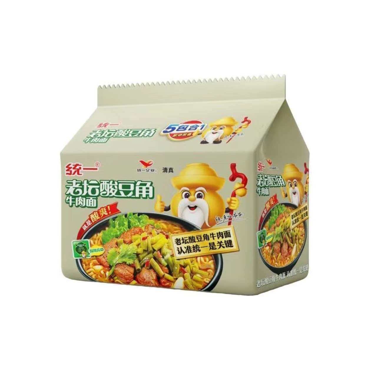 清真食品统一老坛酸豆角牛肉面5袋方便面整箱泡面速食